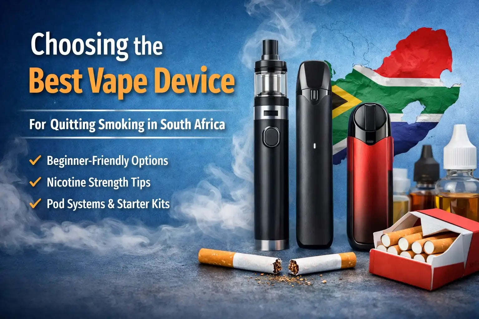 A selection of beginner-friendly vape devices and vape juices displayed next to a broken cigarette, helping you decide which vape is the best for quitting smoking in South Africa.