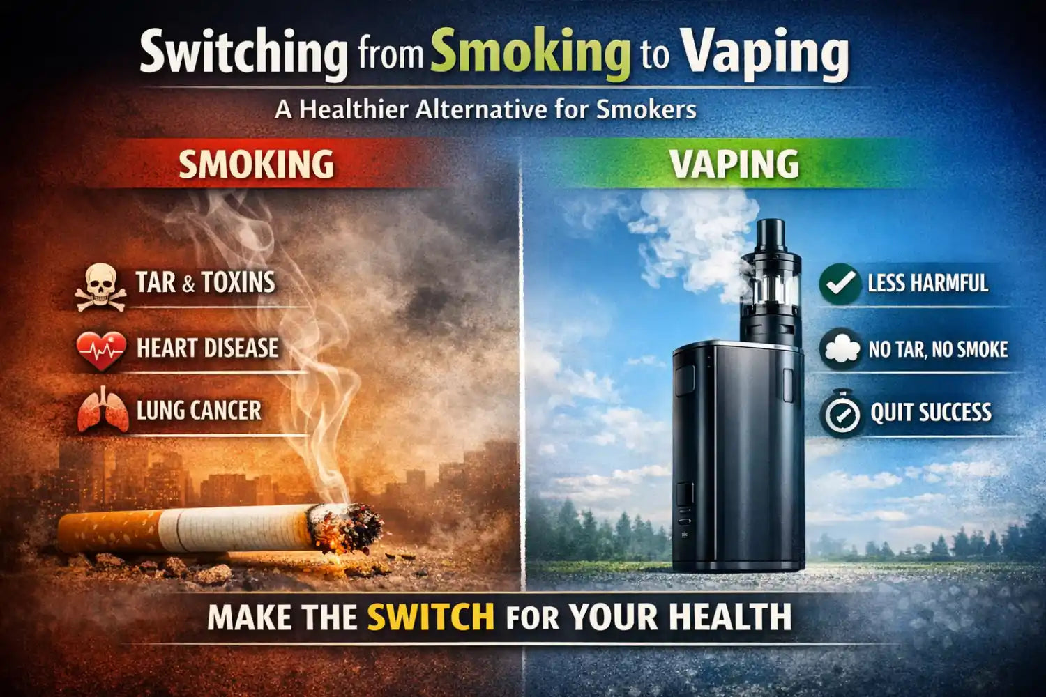 Comparison of smoking risks like tar and lung cancer against vaping benefits, addressing the question: is vape worse than cigarettes by highlighting that vapes are less harmful with no tar or smoke.