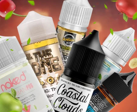 Close-up of vape juices and nicotine salt e-liquids with assorted vape flavours and vapes products in branded bottles on a vibrant background.