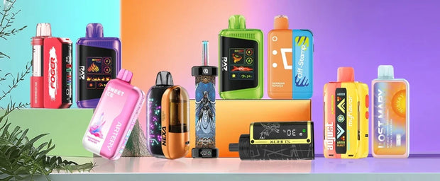 Colourful range of disposable vapes and vape devices showcasing vapes with different designs, flavours and styles on a vibrant background.